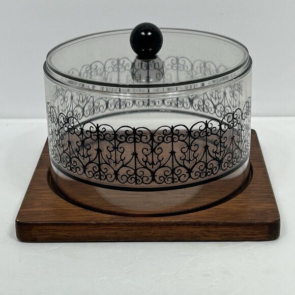 Vintage Cheese Board Mid Century Modern MCM Domed Cloche Wooden Plastic Serving - Picture 1 of 13